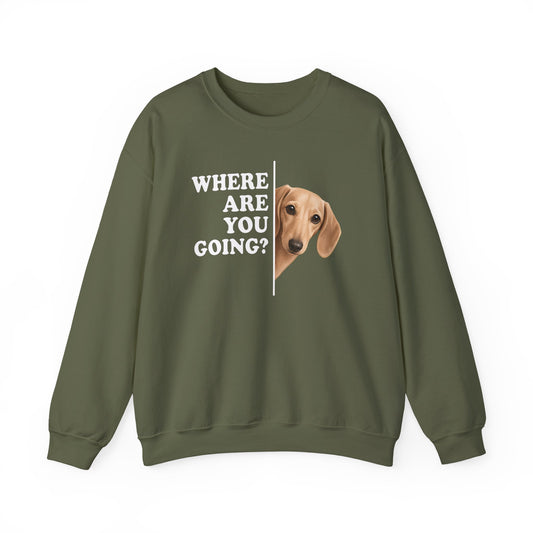 Dachshund Where Are You Going Cream Crewneck Sweatshirt Military Green