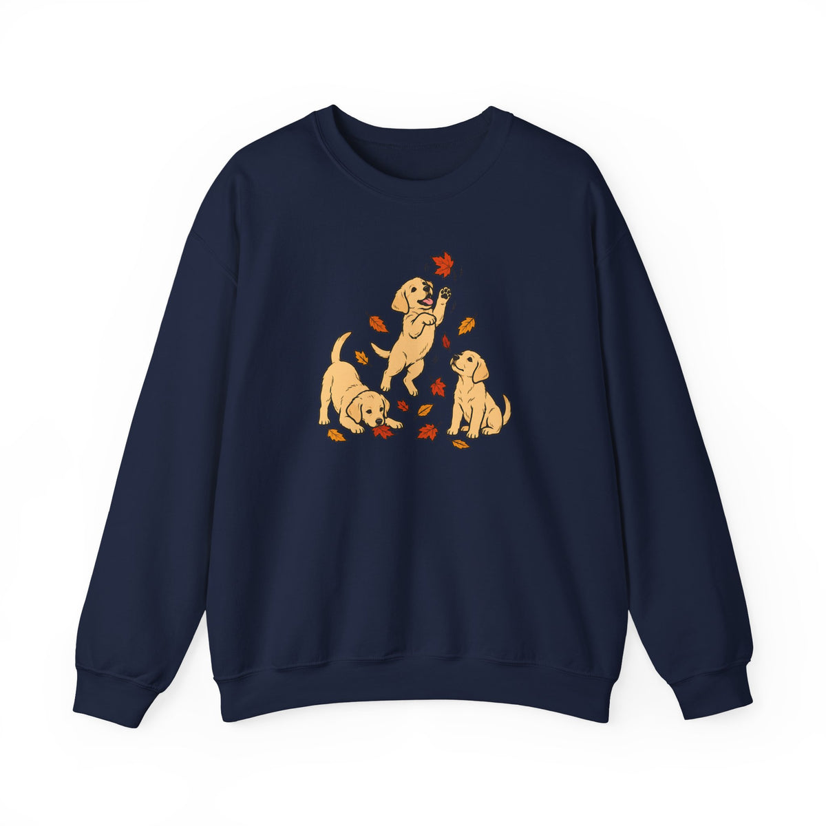 Yellow Labrador Puppies Fall Leaves Crewneck Sweatshirt - Dark Navy