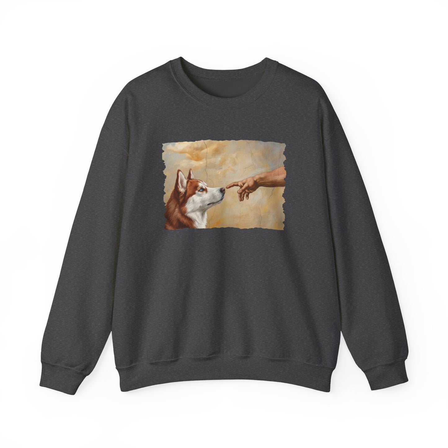 God Creates Red and White Husky Crewneck Sweatshirt Dark Heather