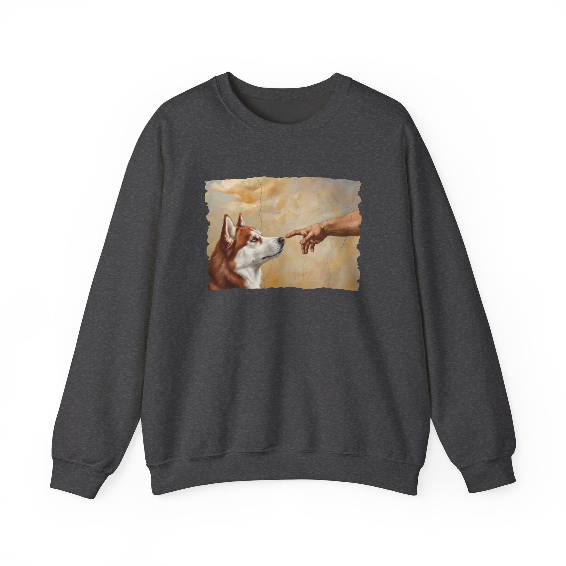 God Creates Red and White Husky Crewneck Sweatshirt Dark Heather
