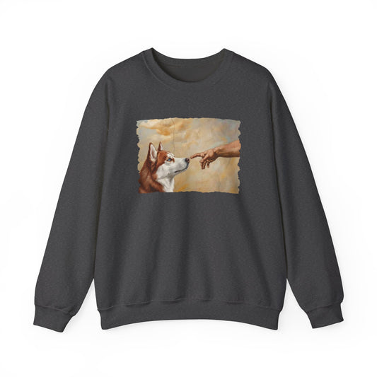 God Creates Red and White Husky Crewneck Sweatshirt Dark Heather