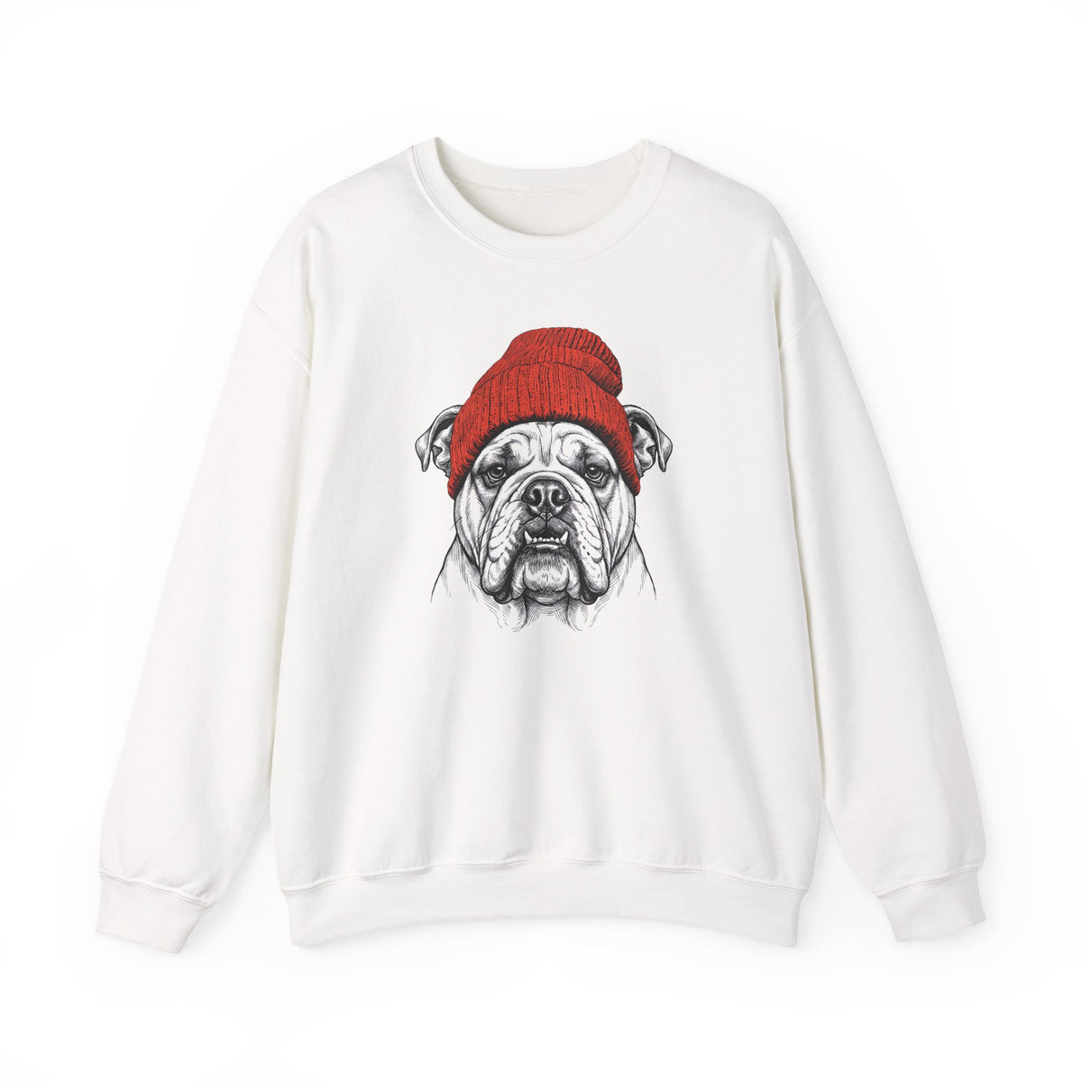 English Bulldog Beanie Crewneck Sweatshirt White