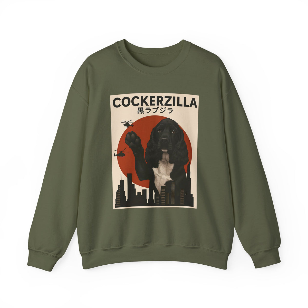 Cockerzilla Black White Cocker Spaniel Crewneck Sweatshirt