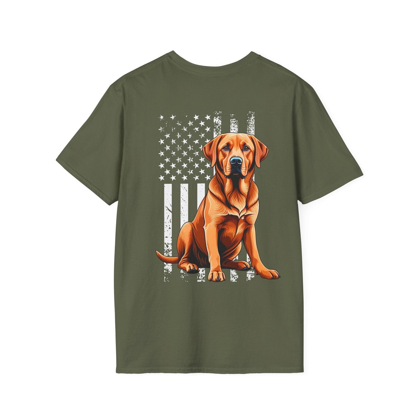 Back Print Fox Red Labrador USA Flag T-Shirt Military Green