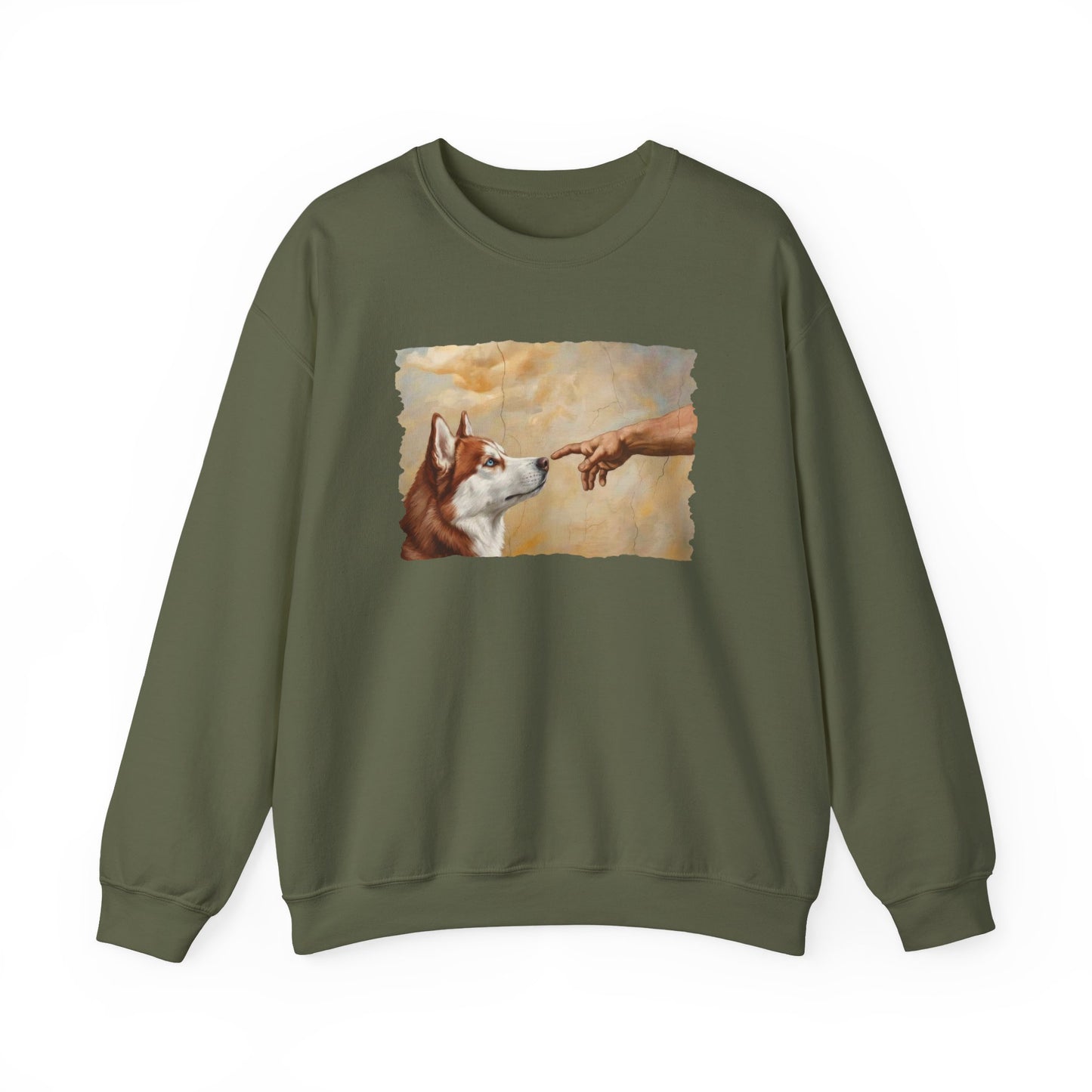 God Creates Red and White Husky Crewneck Sweatshirt Military Green