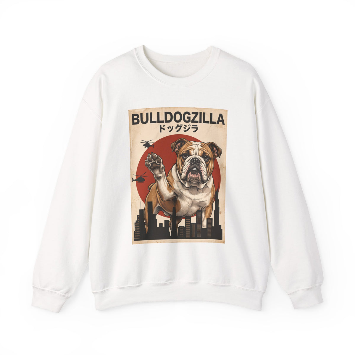 English Bulldog Bulldogzilla Crewneck Sweatshirt White