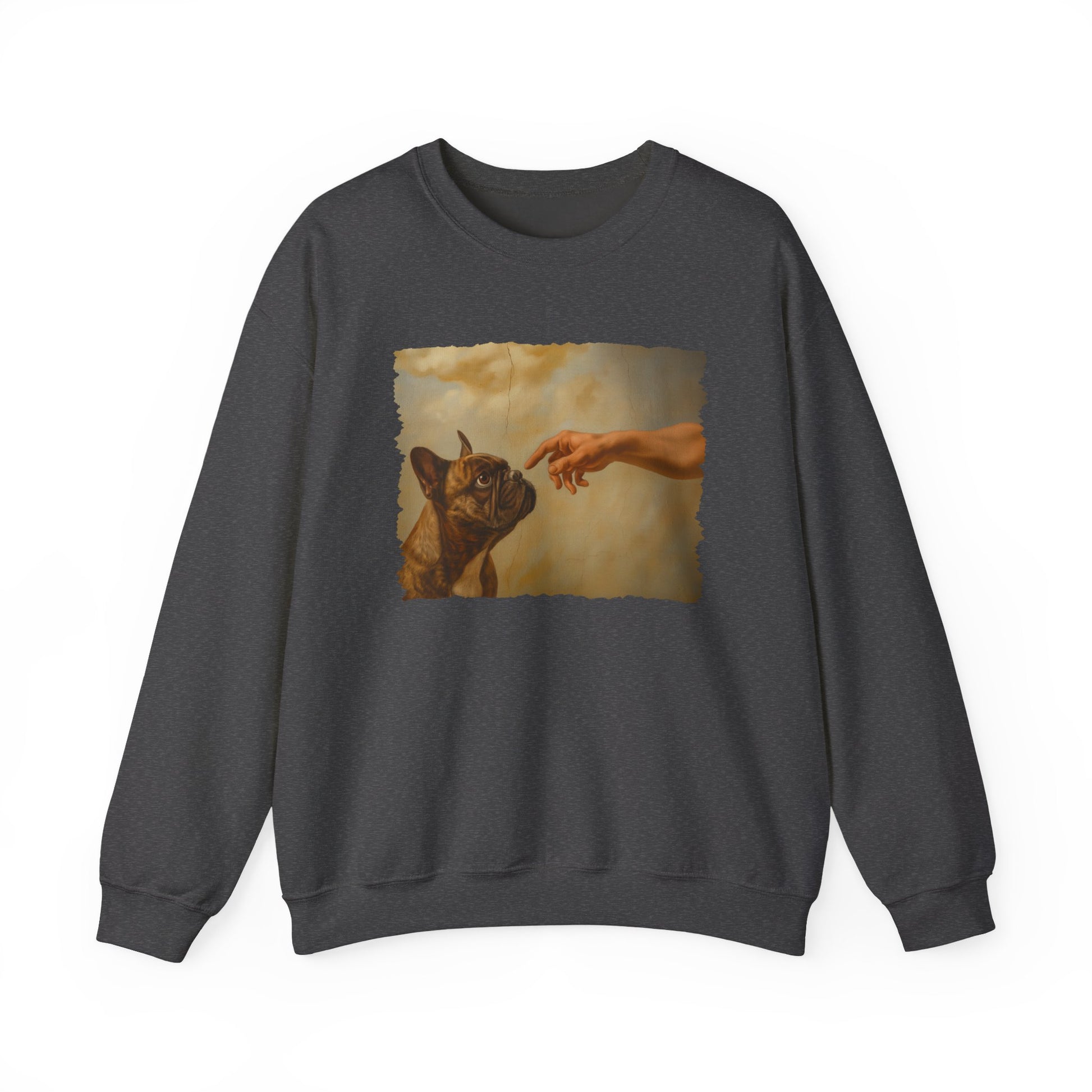 God Creates French Bulldog Crewneck Sweatshirt Dark Heather