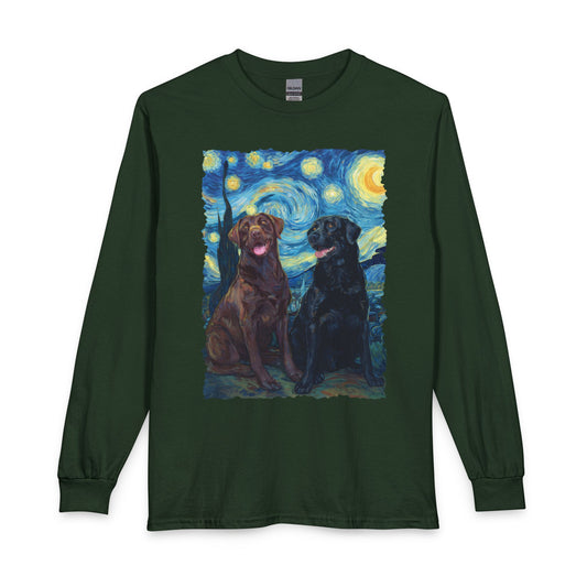 Chocolate & Black Labrador Starry Night Long Sleeve Forest Green