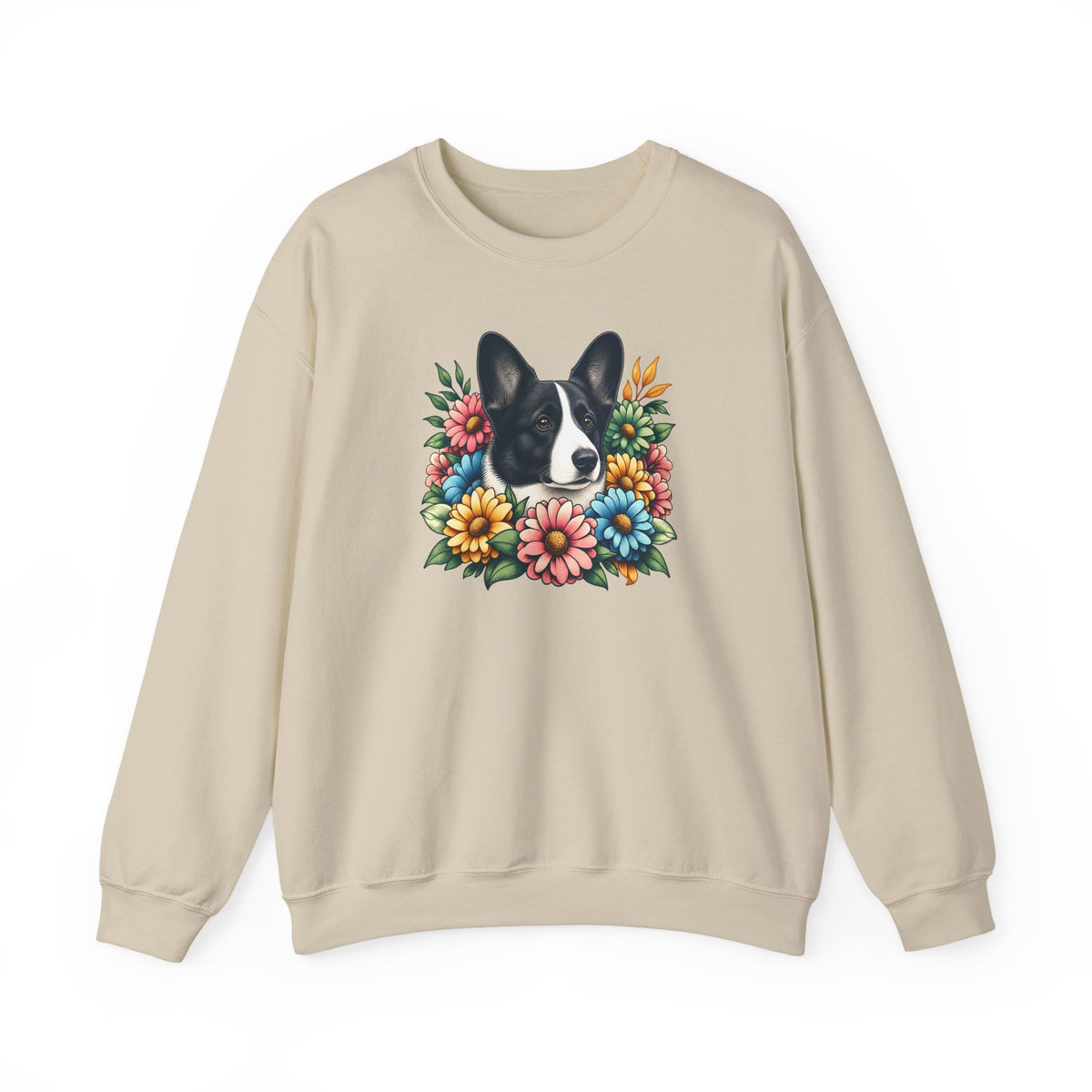 Cardigan Welsh Corgi Black And White Flower Wreath Crewneck Sweatshirt Sand