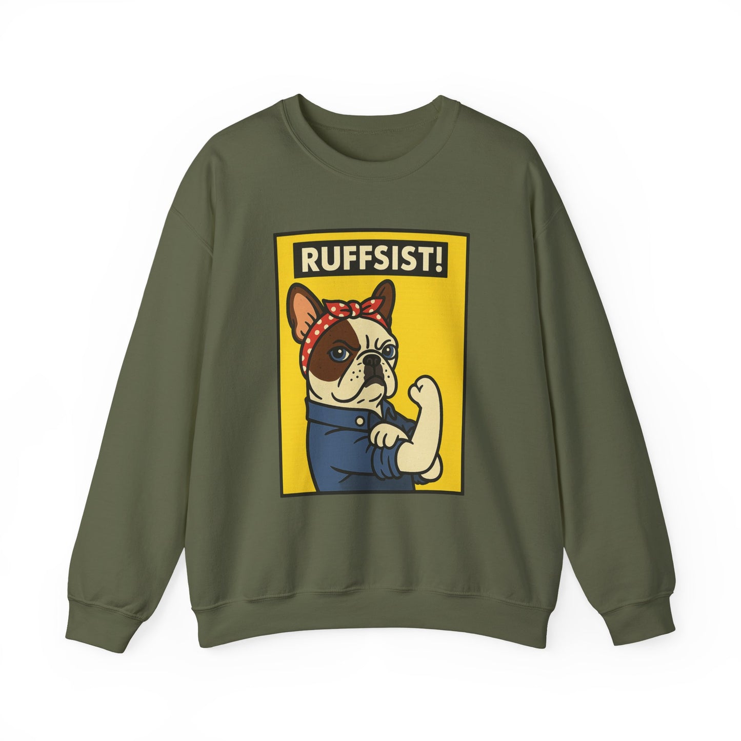 French Bulldog Rosie the Riveter Crewneck Sweatshirt Military Green