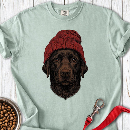 Chocolate Labrador Red Beanie Premium Tee Bay