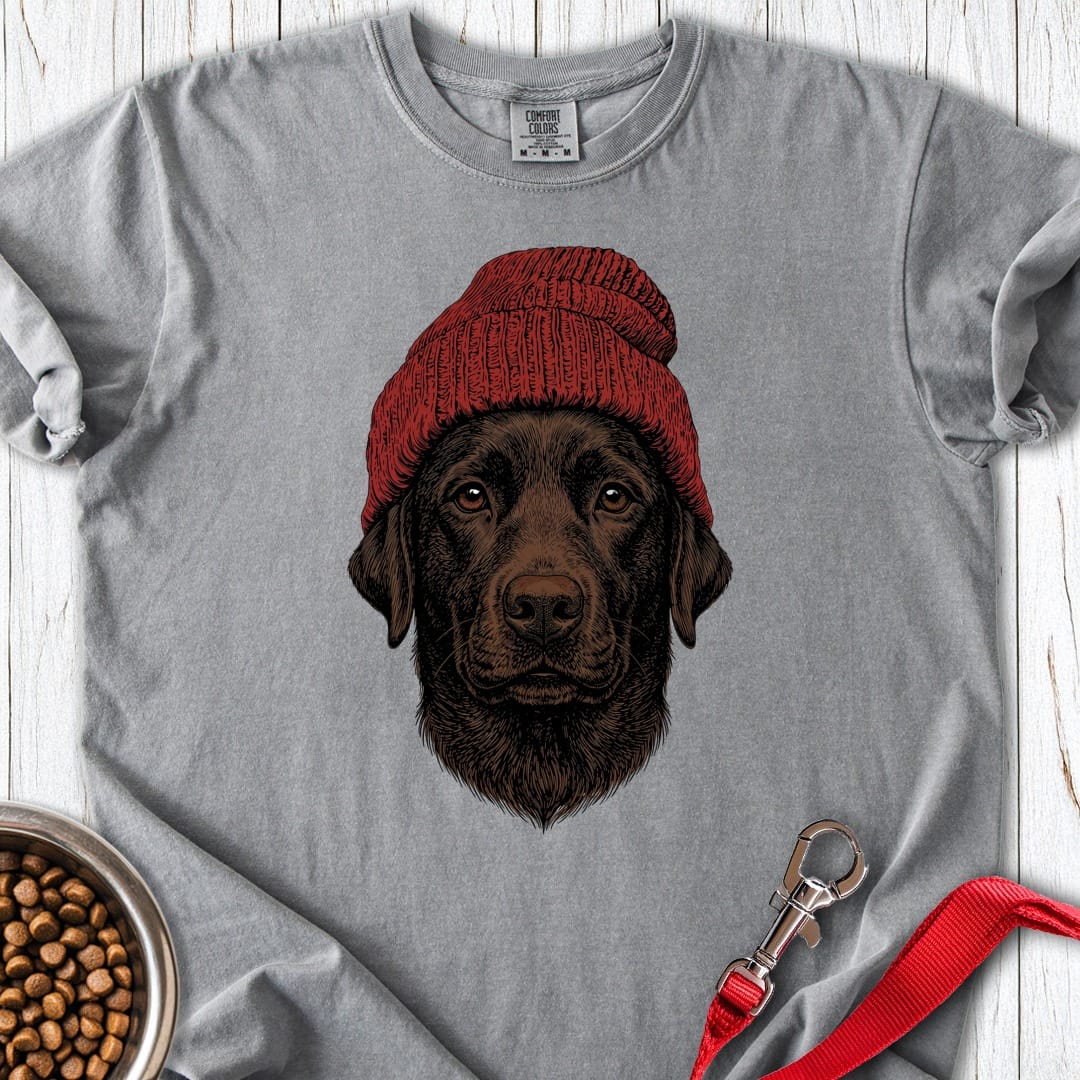 Chocolate Labrador Red Beanie Premium Tee Grey
