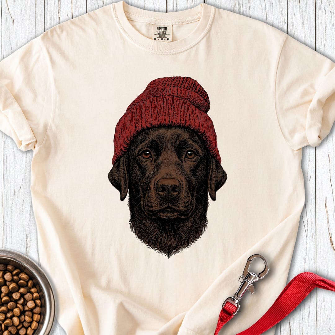 Chocolate Labrador Red Beanie Premium Tee Ivory