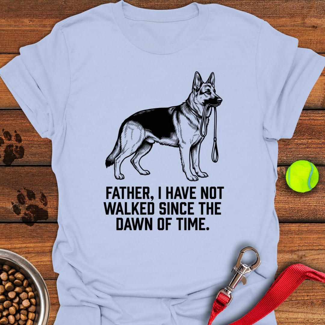 Father Walking German Shepherd Light Blue