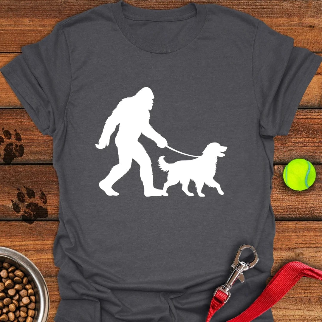 Bigfoot Walking Golden Retriever T-Shirt Dark Heather