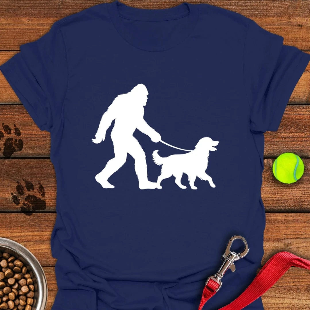 Bigfoot Walking Golden Retriever T-Shirt Navy