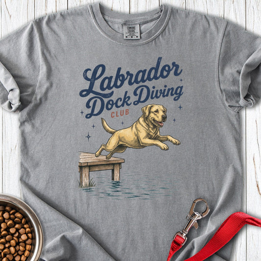 Yellow Labrador Dock Diving Premium Tee Grey