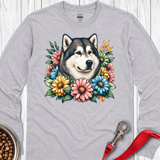 Alaskan Malamute Flower Wreath Long Sleeve Sport Grey