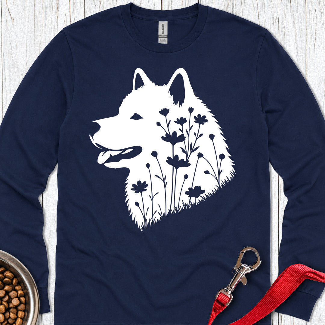Alaskan Malamute Flowers Long Sleeve — Navy