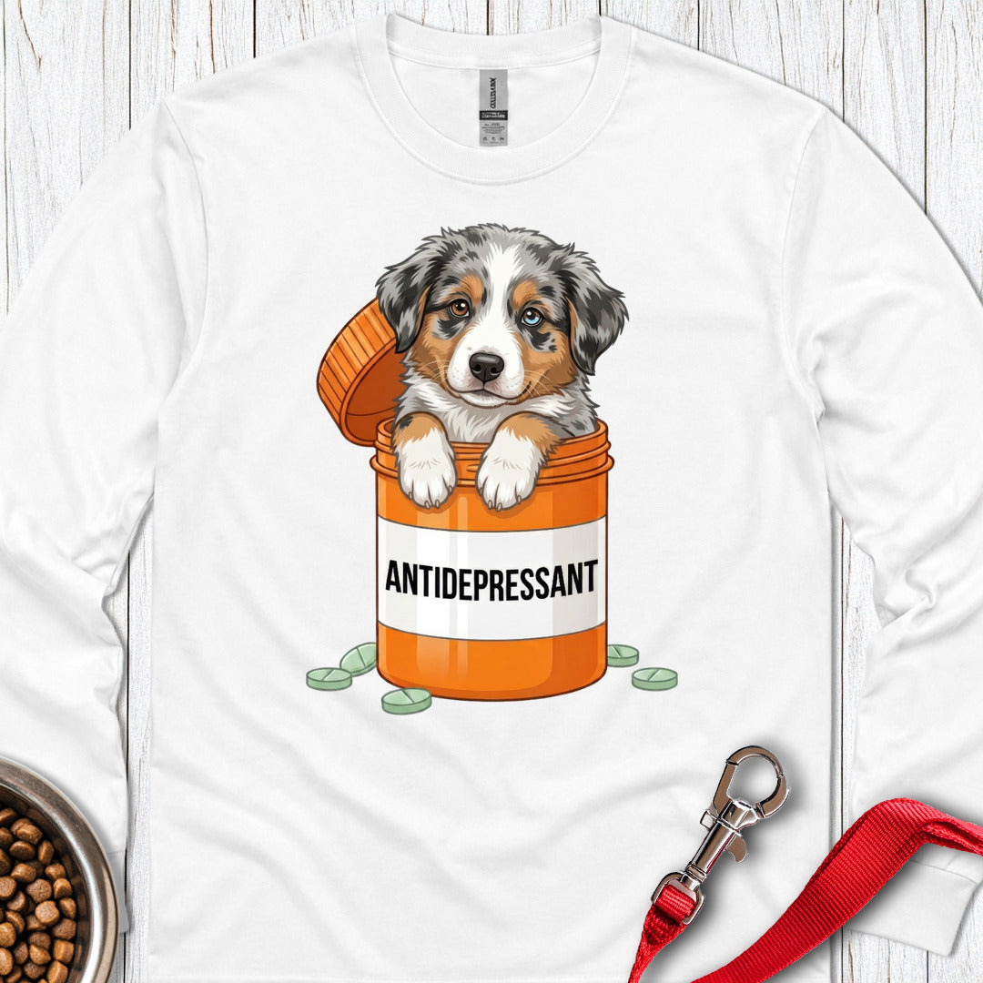 Australian Shepherd Antidepressant Long Sleeve — White