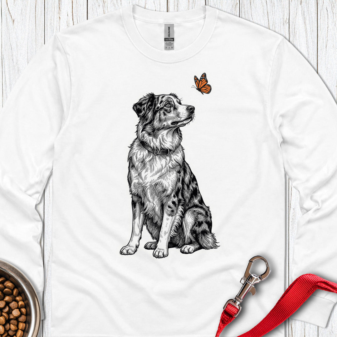 Australian Shepherd Butterfly Long Sleeve — White