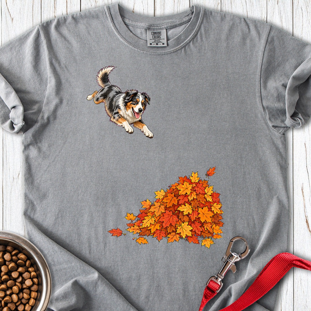 Australian Shepherd Leaf Pile Premium Tee — Grey