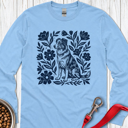 Australian Shepherd Linocut Long Sleeve — Carolina Blue