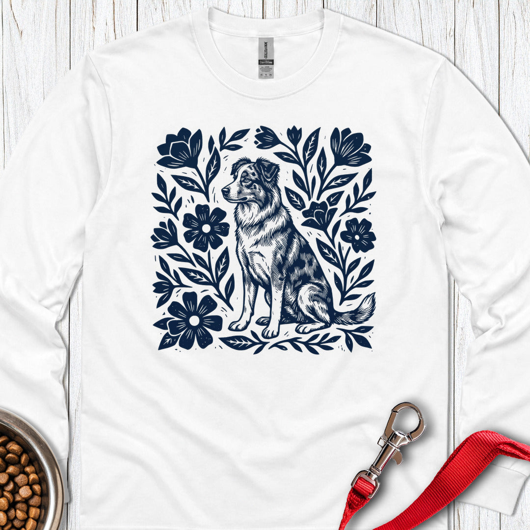 Australian Shepherd Linocut Long Sleeve — White