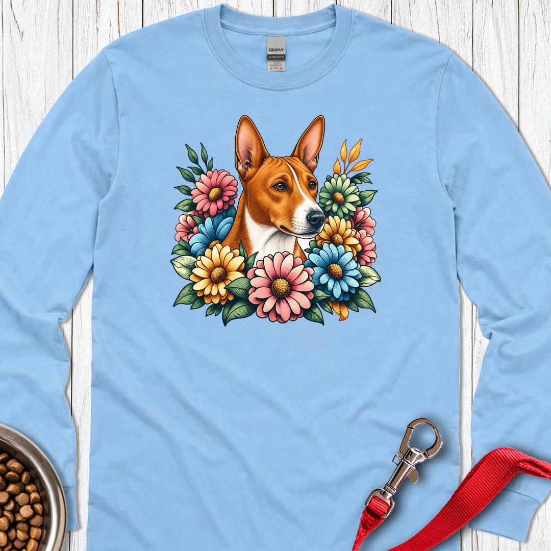 Basenji Flower Wreath Long Sleeve — Carolina Blue