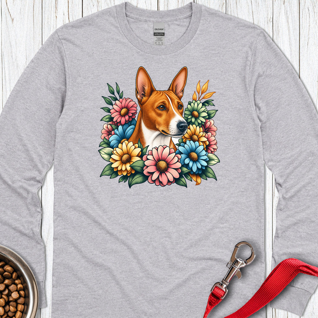 Basenji Flower Wreath Long Sleeve — Sport Grey
