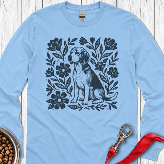 Beagle Linocut Flowers Long Sleeve — Carolina Blue
