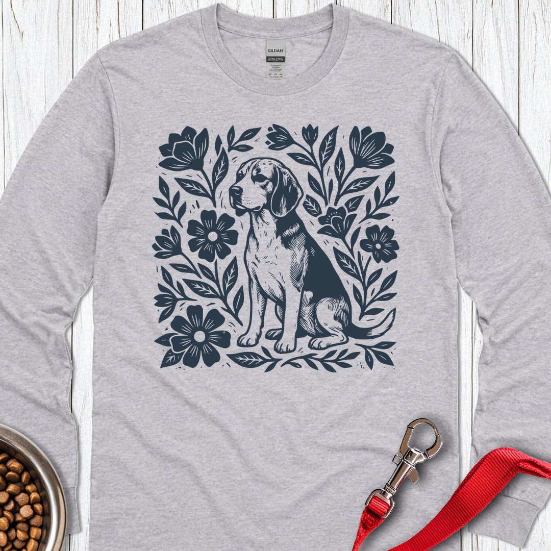 Beagle Linocut Flowers Long Sleeve — Sport Grey