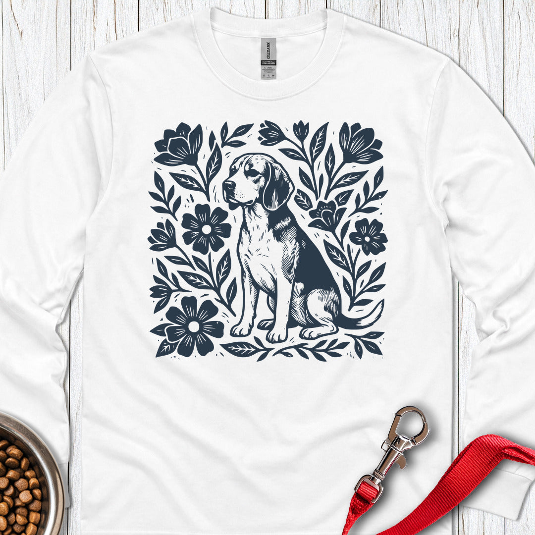 Beagle Linocut Flowers Long Sleeve — White