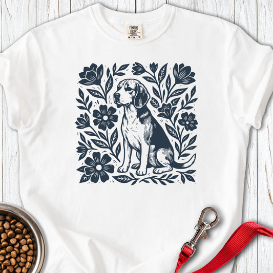 Beagle Linocut Flowers Premium Tee White