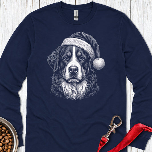 Bernese Mountain Dog Christmas Santa Hat Long Sleeve — Navy