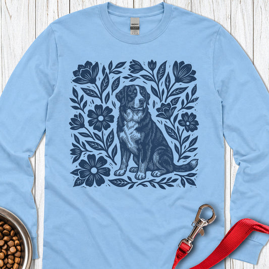 Bernese Mountain Dog Linocut Long Sleeve — Carolina Blue