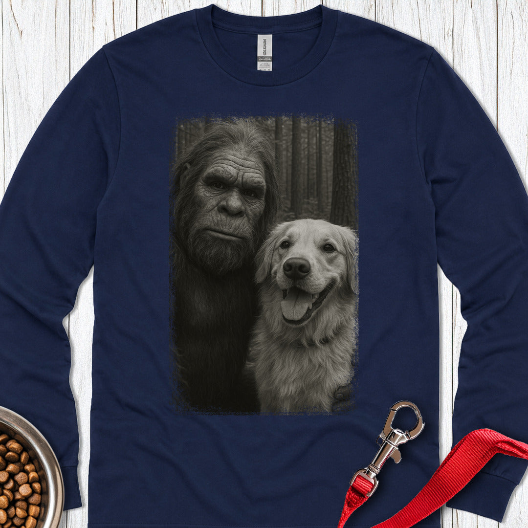 Bigfoot & Golden Retriever Selfie Long Sleeve — Navy