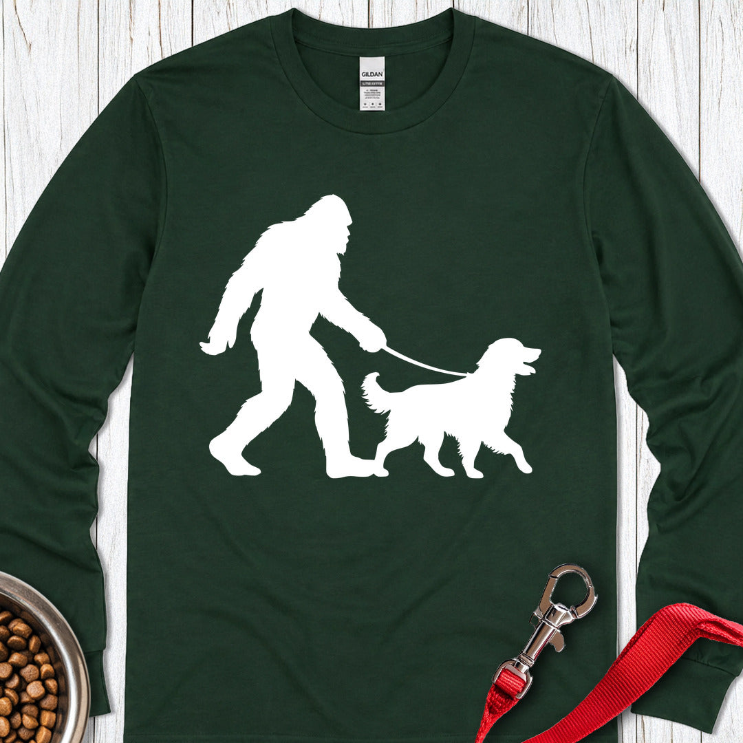 Bigfoot Walking Golden Retriever Long Sleeve — Forest Green