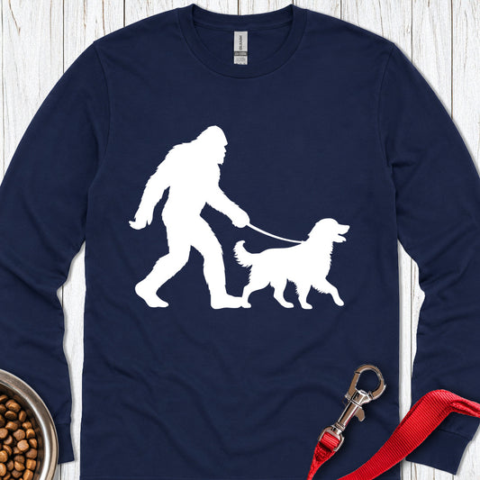 Bigfoot Walking Golden Retriever Long Sleeve — Navy