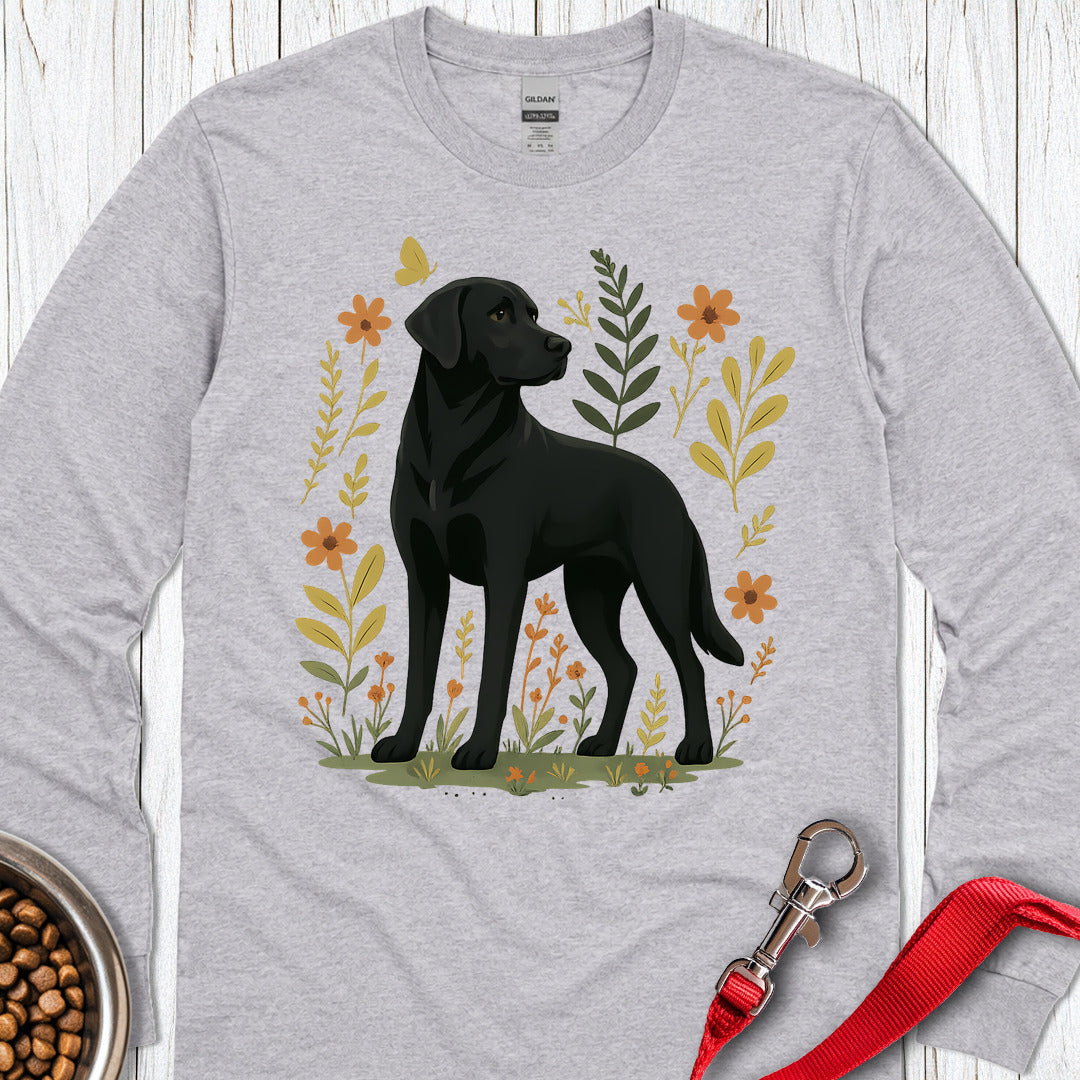 Black Labrador Flower Long Sleeve — Sport Grey