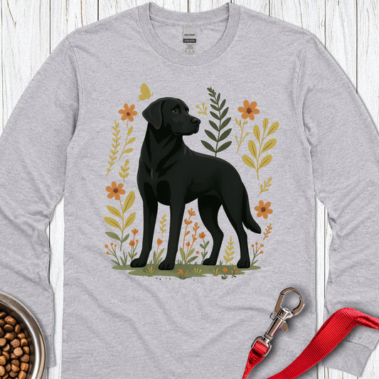 Black Labrador Flower Long Sleeve — Sport Grey