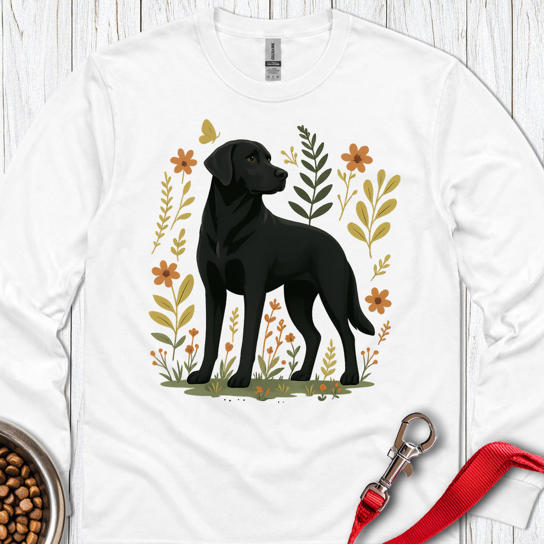 Black Labrador Flower Long Sleeve — White