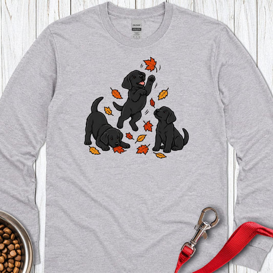 Black Labrador Puppies Fall Leaves Long Sleeve Sport Grey