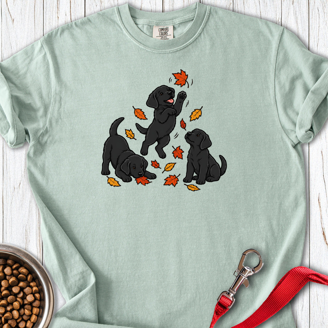 Black Labrador Puppies Fall Leaves Premium Tee — Bay