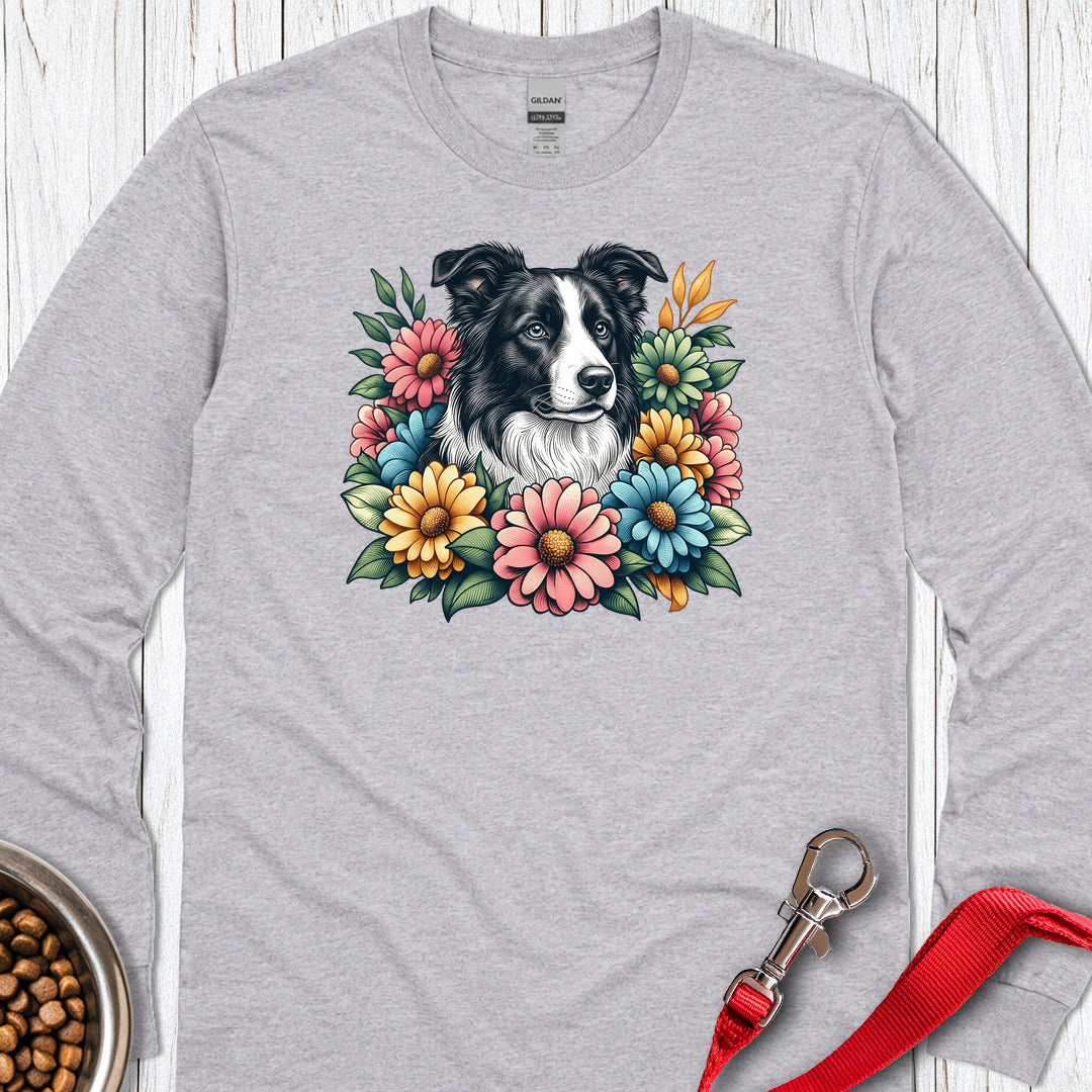 Border Collie Flowers Long Sleeve — Sport Grey