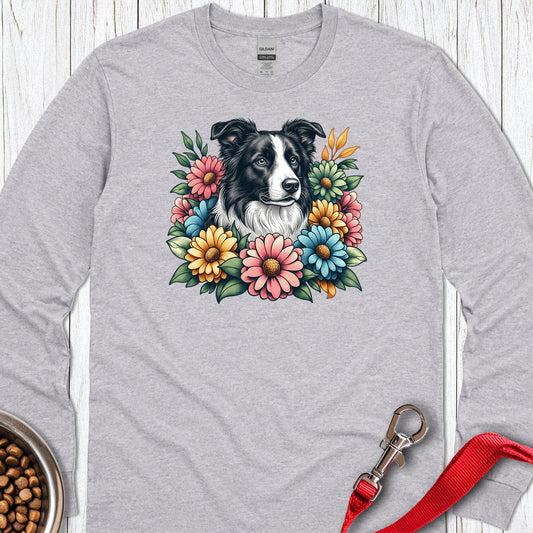 Border Collie Flowers Long Sleeve — Sport Grey