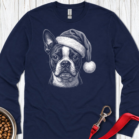 Boston Terrier Christmas Santa Hat Long Sleeve — Navy