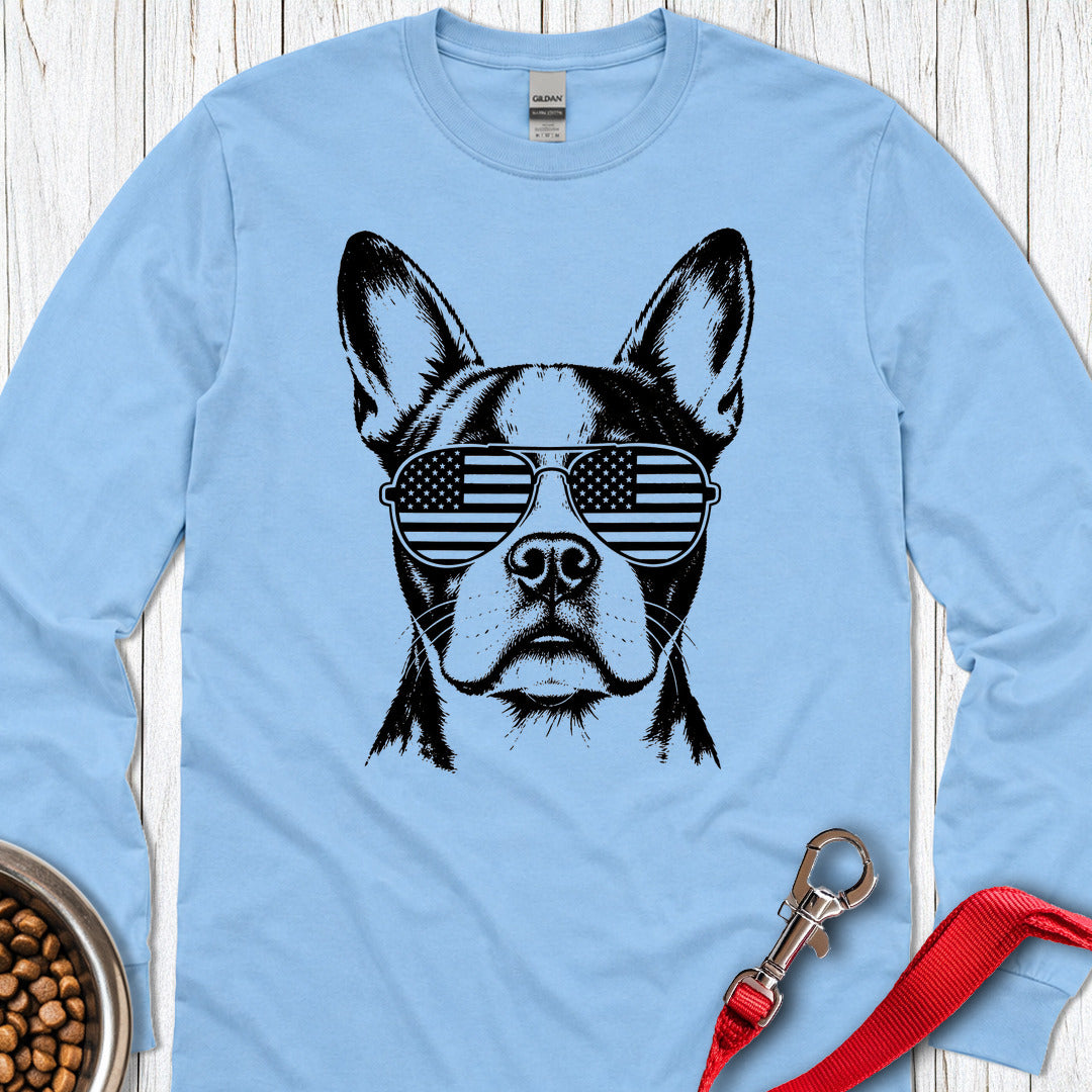 Boston Terrier Flag Shades Long Sleeve — Carolina Blue