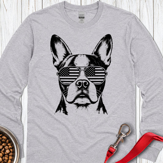 Boston Terrier Flag Shades Long Sleeve — Sport Grey