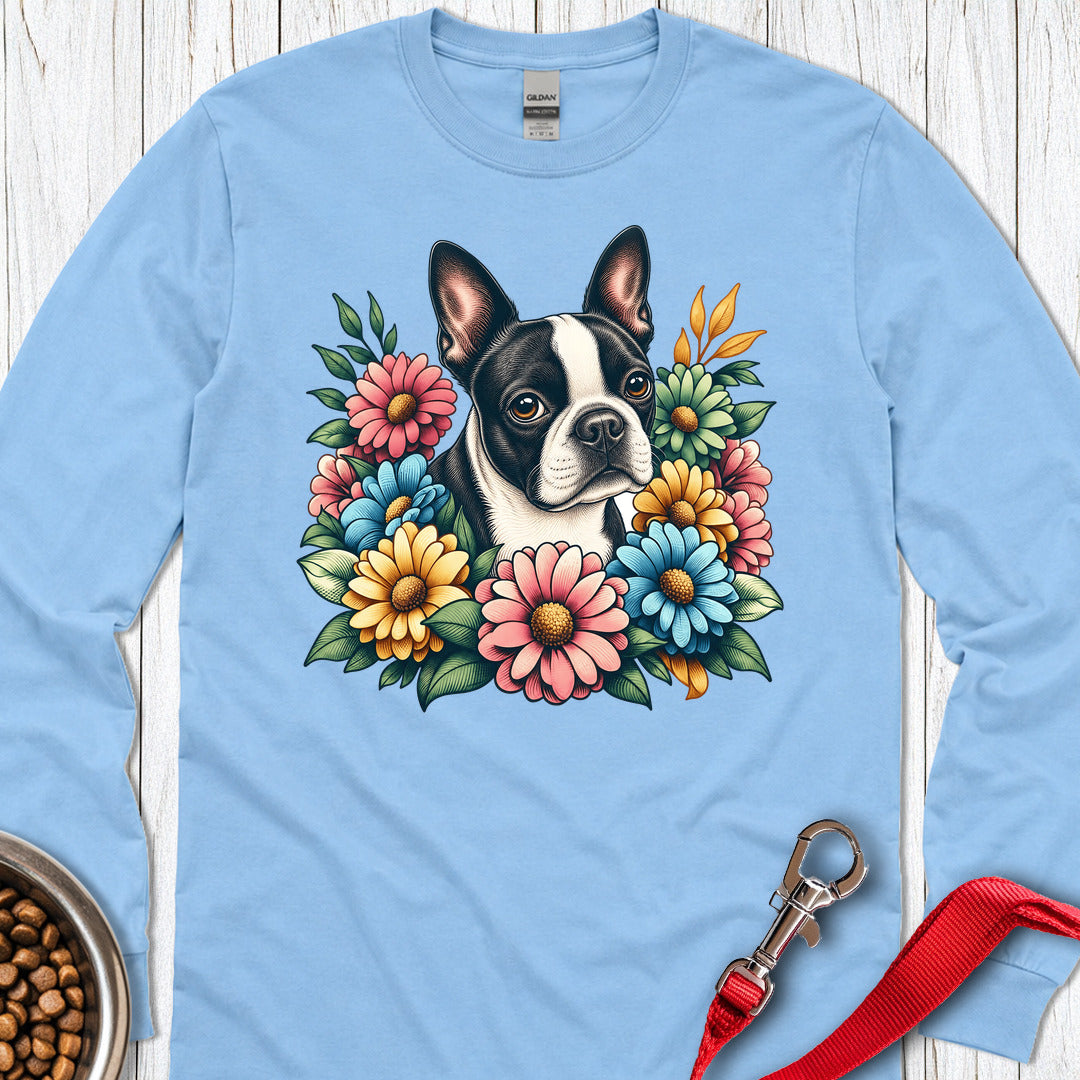 Boston Terrier Flower Wreath Long Sleeve — Carolina Blue